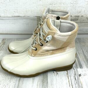 Sperry Women’s 7.5 Saltwater Cream Tan Buffalo Check Wool Ivory Duck Boots NEW